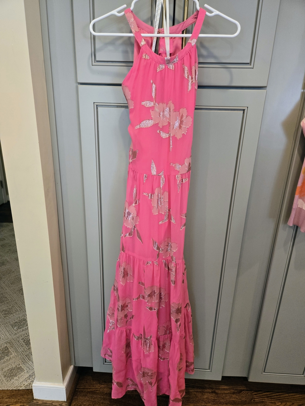 Lilly Pulitzer Hot Pink Maxi Dress with Metallic Floral Print